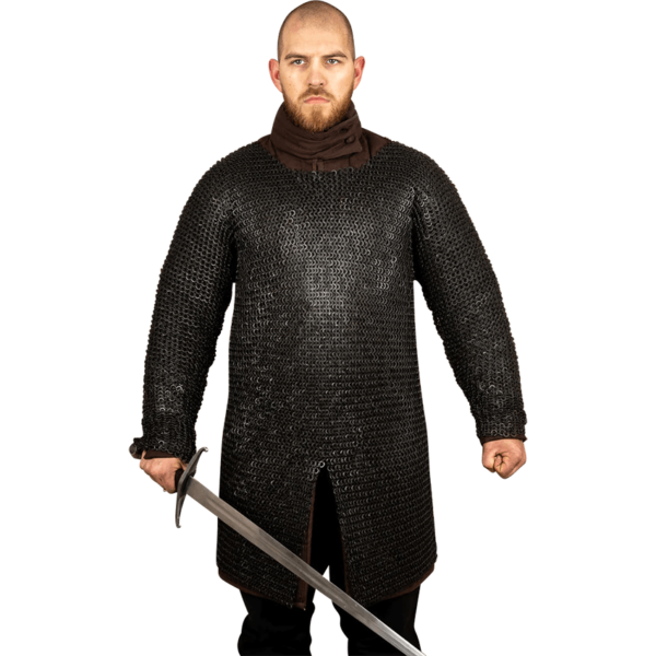 Blackened Riveted Chainmail Hauberk - 9mm Flat Rings