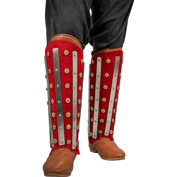 Steel and Suede Noble Splinted Greaves - Red