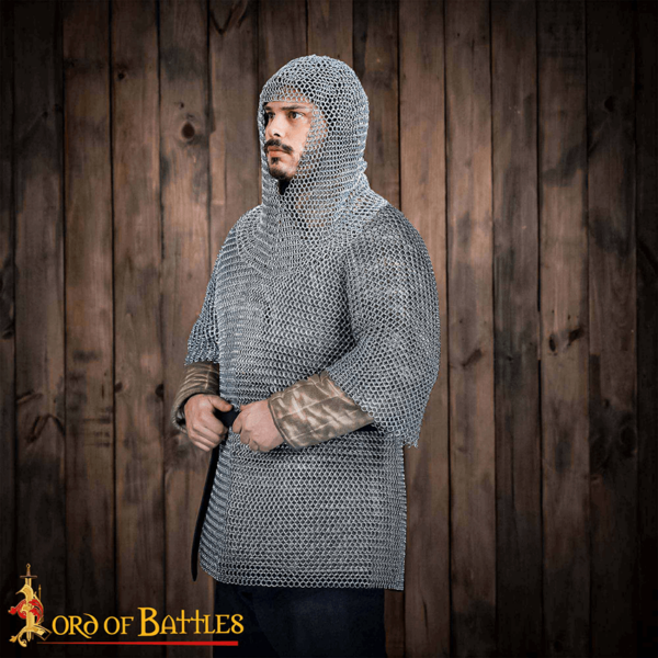 Butted Steel Chainmail Haubergeon and Coif Set - Zinc Polished