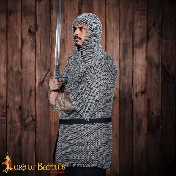 Butted Steel Chainmail Haubergeon and Coif Set - Zinc Polished